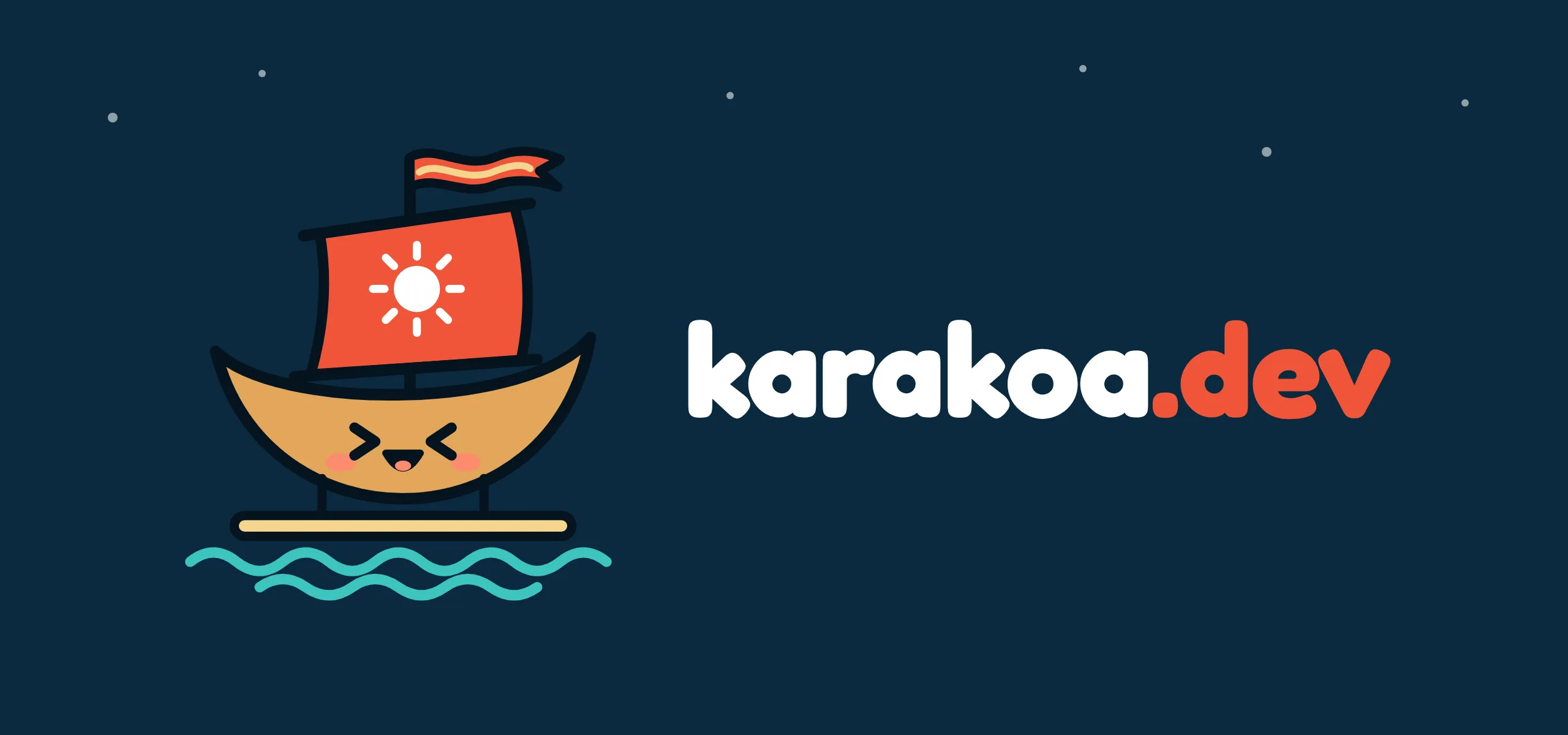 Karakoa wordmark with the boat mascot under a night sky: a crescent hull on teal waves, a coral sail with a sun, and a flag on the mast.